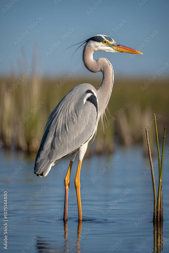A great blue heron stands in shallow water with its long legs and neck extended, searching for prey A great blue heron stands in shallow water with its long legs and neck extended, searching for prey