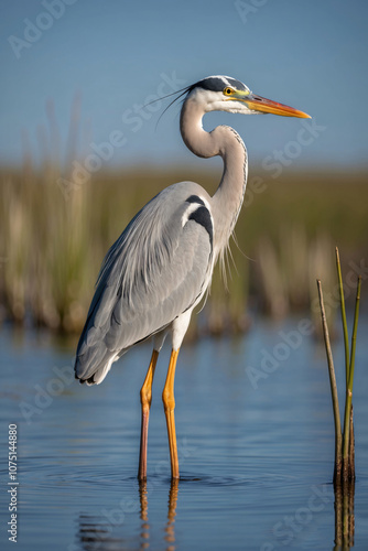 A great blue heron stands in shallow water with its long legs and neck extended, searching for prey