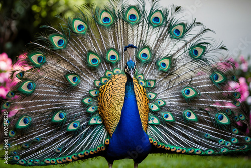 A peacock displays its beautiful feathers in a garden setting