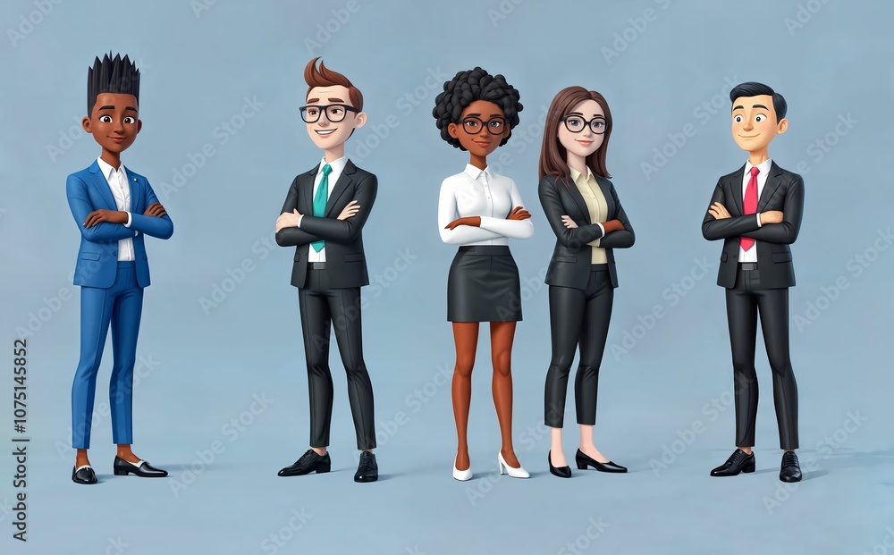 Obraz premium Personnages de dessin animé heureux et souriants, employés de bureau, debout sur un fond uni, Style 3D, personnes travaillant dans un bureau.