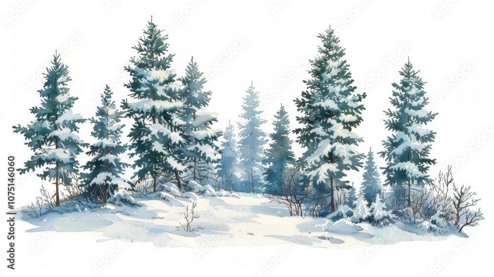 A snowy background with pine trees covered in snow, isolated on white A snowy background with pine trees covered in snow, isolated on white