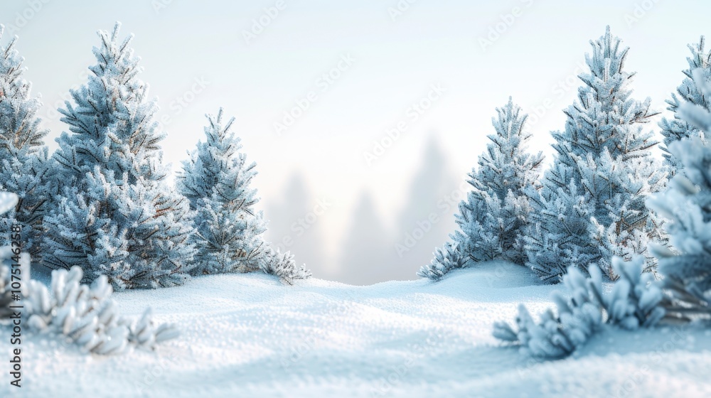 A snowy background with pine trees covered in snow, isolated on white