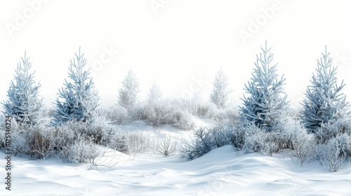 A snowy background with pine trees covered in snow, isolated on white