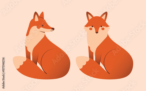 Set of illustrations of sitting red foxes in various poses. Naive cartoon clip arts with cute forest animals. For autumn card, banner, flyer design. Flat Design. Kawaii print in minimal style. 