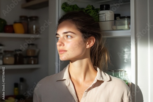 A profile view of a woman bathed in sunlight, standing near a refrigerator, highlighting themes of contemplation, warmth, and peaceful domestic life in modern times.