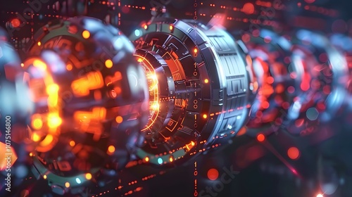 A series of glowing, metallic spheres are arranged in a line. The spheres are illuminated with a bright orange glow, creating a sense of energy and movement. The image evokes a futuristic