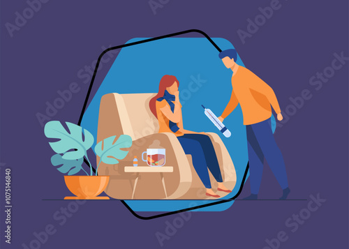 Woman in scarf catching cold and suffering from flu. Man taking care about sick girlfriend, giving thermometer to her. Vector illustration for infection, healthcare, illness concept