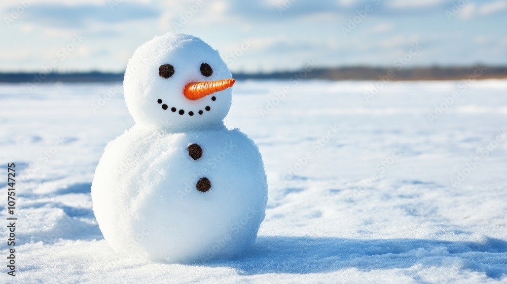 A cheerful snowman with a carrot nose and button eyes stands in a snowy landscape. A cheerful snowman with a carrot nose and button eyes stands in a snowy landscape.