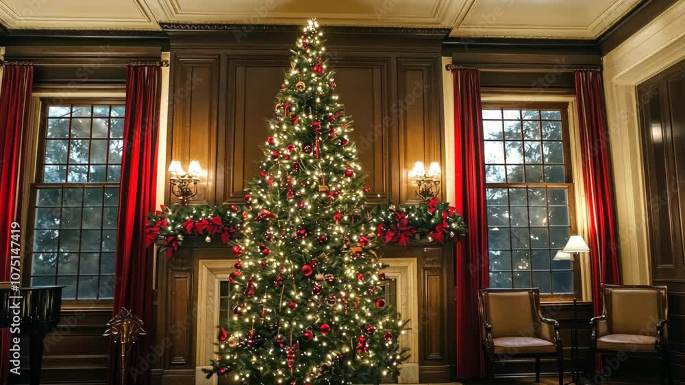 A large decorated Christmas tree stands in front of a fireplace in a formal living room A large decorated Christmas tree stands in front of a fireplace in a formal living room