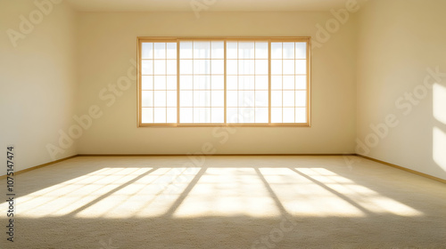 Empty Room with Sunlight Streaming Through Window, sunlit room, shadows, wooden frame, beige walls, carpet