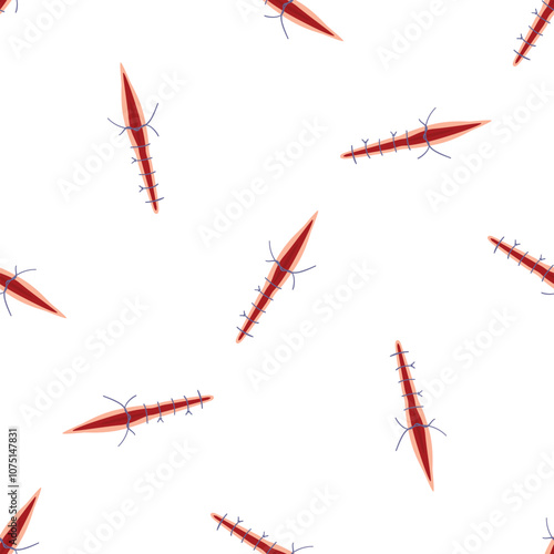 Seamless pattern of surgical wounds healing with stitches, representing recovery and medical treatment
