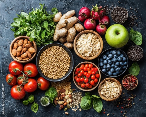 Colorful arrangement of fresh fruits, vegetables, and nuts on a dark background.