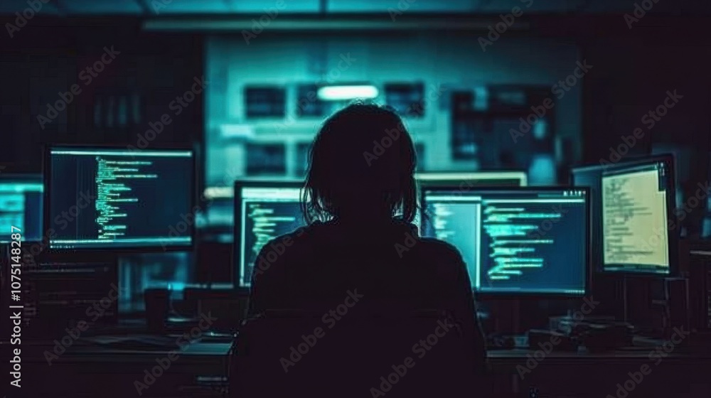 Woman Coding in Modern Minimalist Office Environment Woman Coding in Modern Minimalist Office Environment