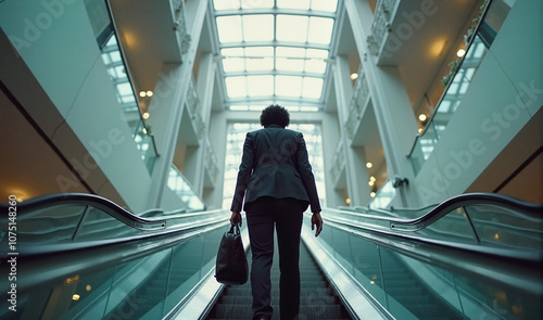 A professional woman in business attire ascends on an escalator within a bright, modern building. The image emphasizes the corporate environment and a sense of ambition.