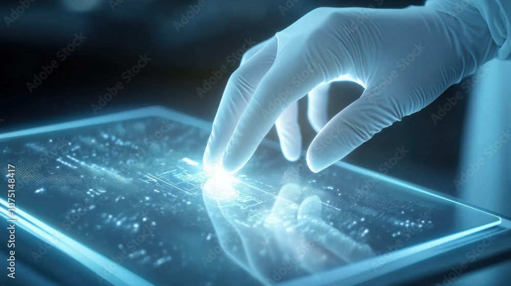Hand interacting with a futuristic touchscreen interface. Hand interacting with a futuristic touchscreen interface.