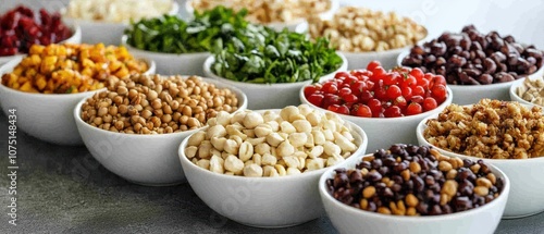 A colorful arrangement of various beans and legumes in small white bowls on a table. photo