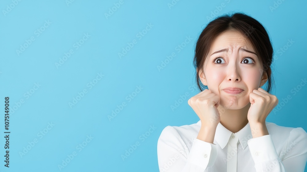 Frustrated Asian Woman Expressing Her Emotions with Fists Up Against a Blue Background in a Professional Setting Frustrated Asian Woman Expressing Her Emotions with Fists Up Against a Blue Background in a Professional Setting