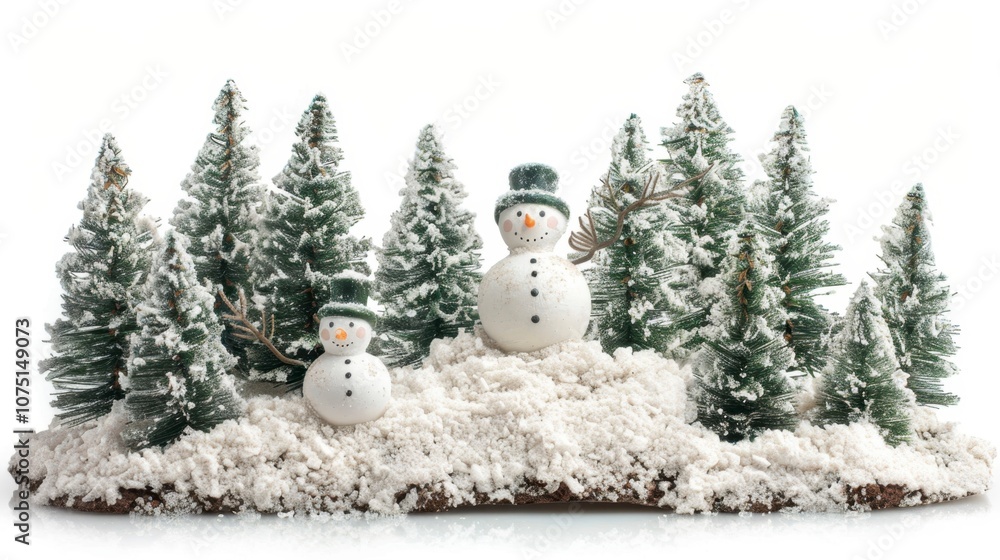 Obraz premium A snowy Christmas scene with a small snowman and pine trees, isolated on white
