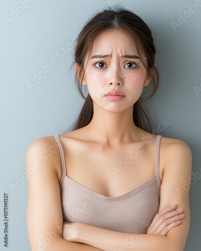 Upset Asian Woman in Casual Attire with Concerned Expression Against a Soft Background, Capturing Emotions of Discontent and Disappointment