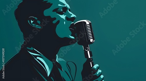 A man is singing into a microphone. The man is wearing a suit and tie. The background is a dark blue color