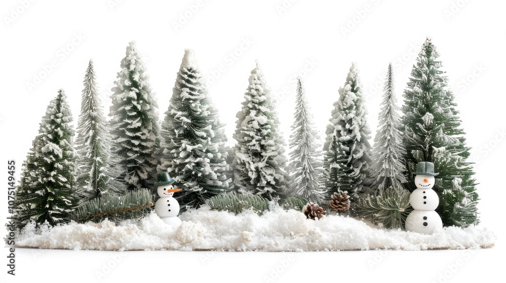 Obraz premium A snowy Christmas scene with a small snowman and pine trees, isolated on white
