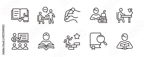 student read and learn outline study icon set education online learning course reading book research line signs vector illustration