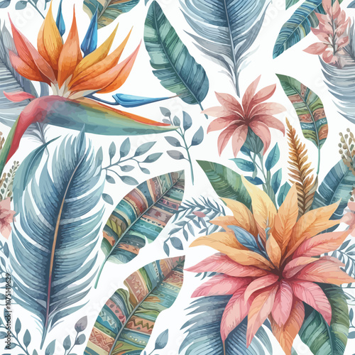 Watercolor pattern of tropical leaves with vibrant boho floral accents vector