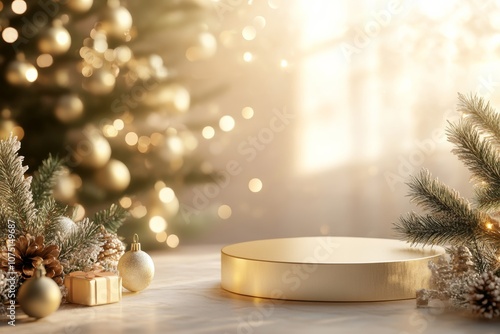 golden podium with a simple, festive backdrop, featuring soft lighting and subtle Christmas elements, minimal background with copy space, magic xmas light