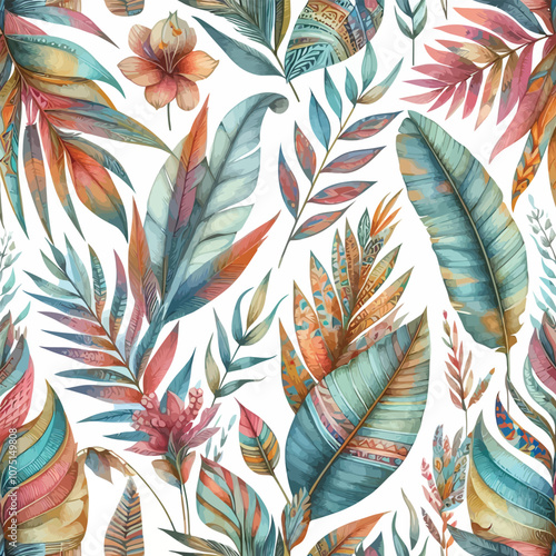 Watercolor pattern of tropical leaves with vibrant boho floral accents vector