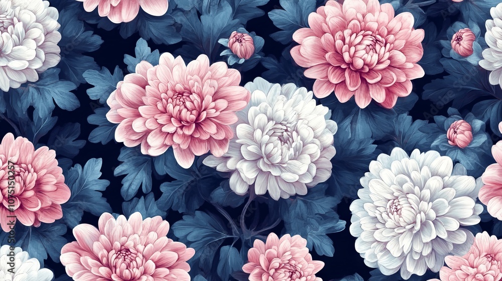 Seamless Pattern of Pink and White Chrysanthemums with Navy Blue Leaves. AI generated illustration Seamless Pattern of Pink and White Chrysanthemums with Navy Blue Leaves. AI generated illustration