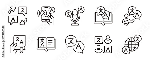 global language translate icon set international communication online dictionary translation tool service outline signs vector illustration