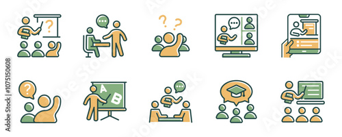lecture education school classroom learning icon set teacher and student conference workshop training course vector illustration business online academy college symbol design for web and app