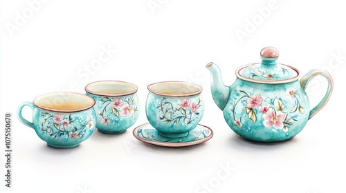 Elegant turquoise tea set with floral designs, perfect for tea time gatherings.