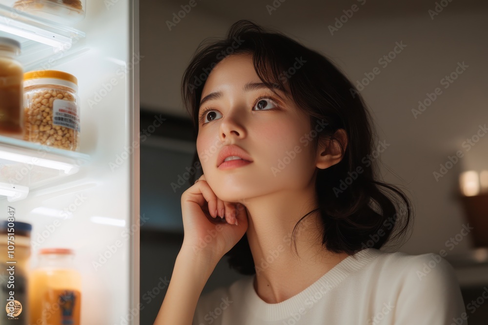 A thoughtful woman with black hair gazes upwards at her refrigerator's contents, lit from within, as she contemplates her food choices with serene curiosity. A thoughtful woman with black hair gazes upwards at her refrigerator's contents, lit from within, as she contemplates her food choices with serene curiosity.
