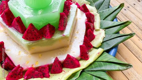 Traditional Indonesia food namely, Tumpeng a cone shape dessert jelly with sliced dragonfruit topping. Usually served to celebrate birthdays or anniversary and formal events in Indonesia.