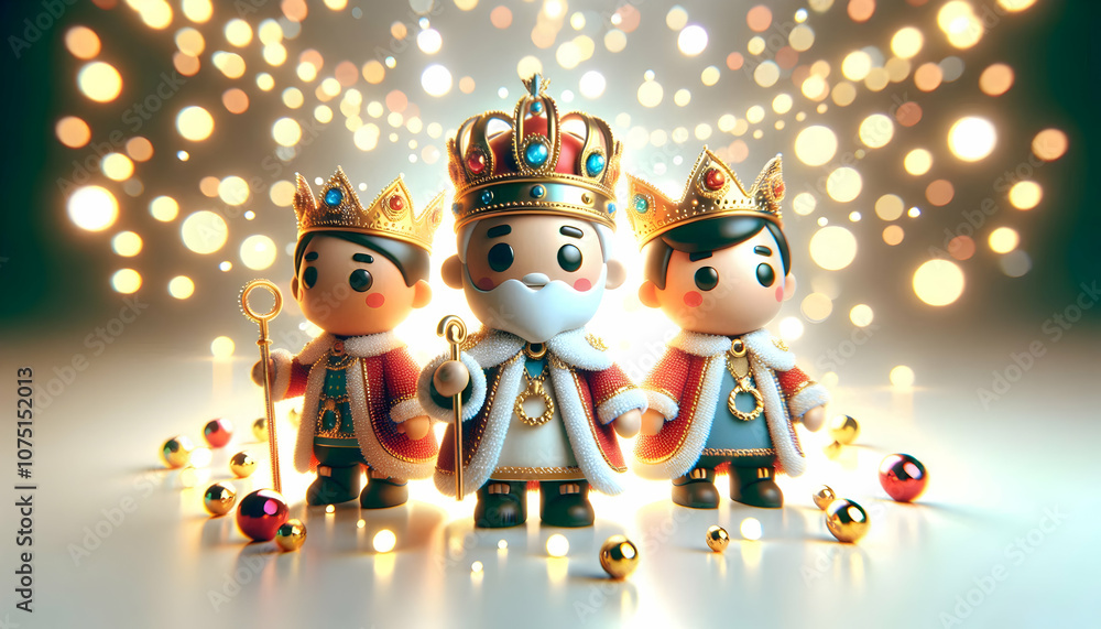 Fototapeta premium 3D Bokeh Lights Reyes Magos Festive Attire Copy Space Smooth Camera Sweep Celebration Joy Advertising Magazine Covers White Background Icon
