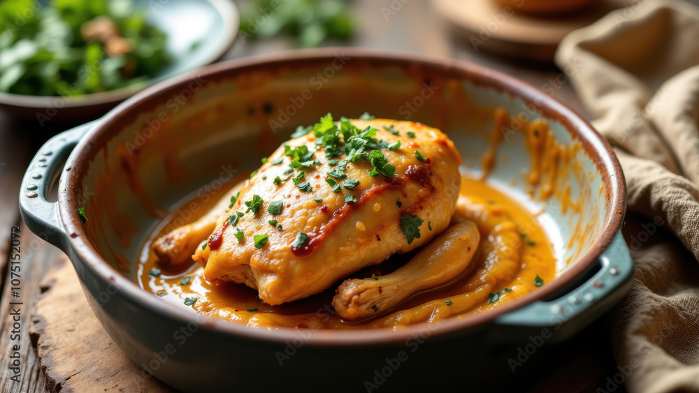 Delicious Marry Me Chicken served in a green ceramic dish with a white sauce and herbs as garnish on a wooden table. Delicious Marry Me Chicken served in a green ceramic dish with a white sauce and herbs as garnish on a wooden table.