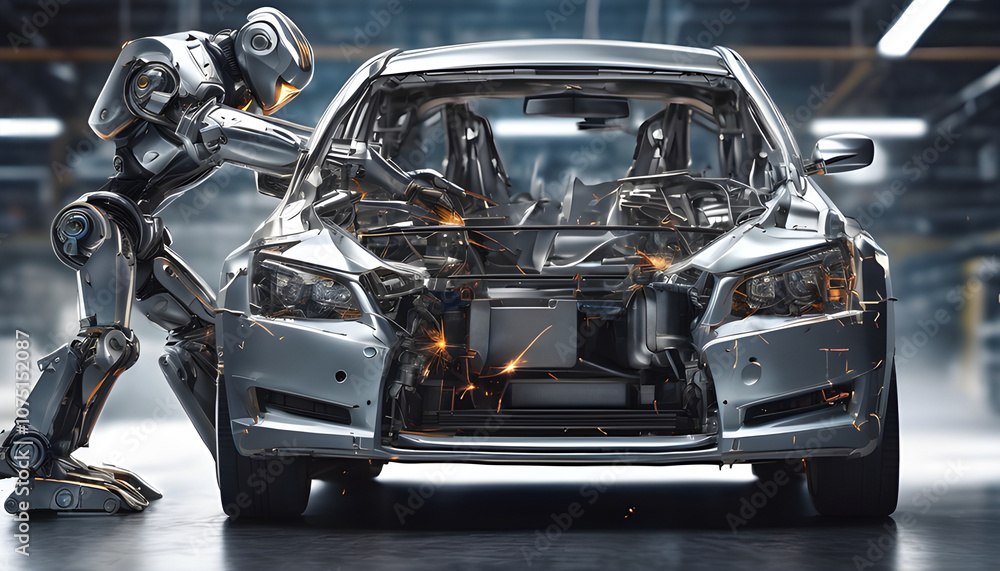 Fototapeta premium Robot repairing car chassis