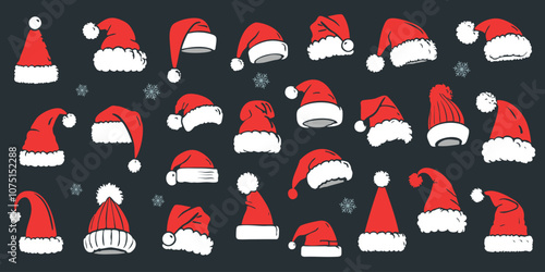 collection of red santa hats with white trim and pom-poms on a dark background, featuring various designs