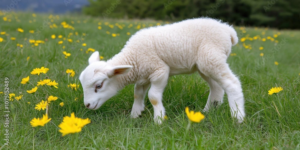 Obraz premium A baby lamb is grazing in a field of yellow flowers. The lamb is surrounded by a lush green field, and the flowers are scattered throughout the area. The scene is peaceful and serene