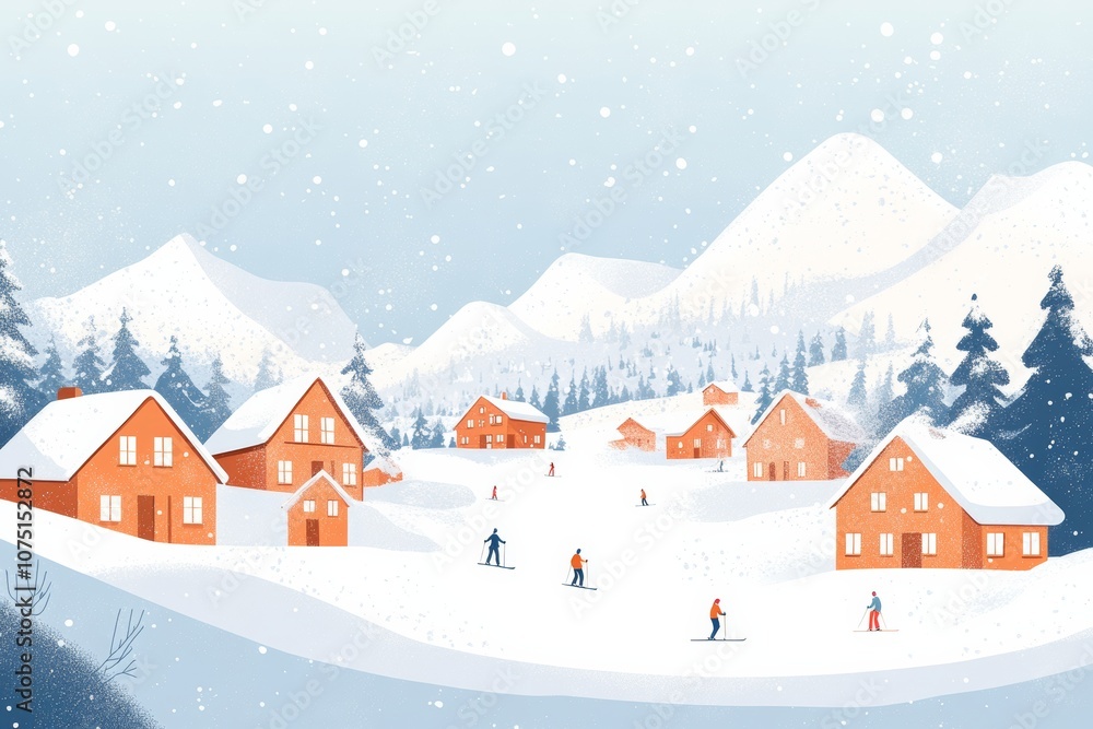 Naklejka premium scenic illustration of a winter ski resort, with cozy cabins, snow-covered slopes, and skiers enjoying the fresh powder, minimal background with copy space