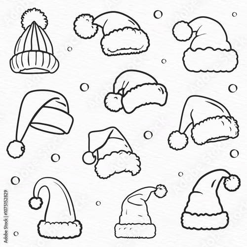 seamless hand-drawn pattern of santa hats and winter caps in black outlines on a white textured background