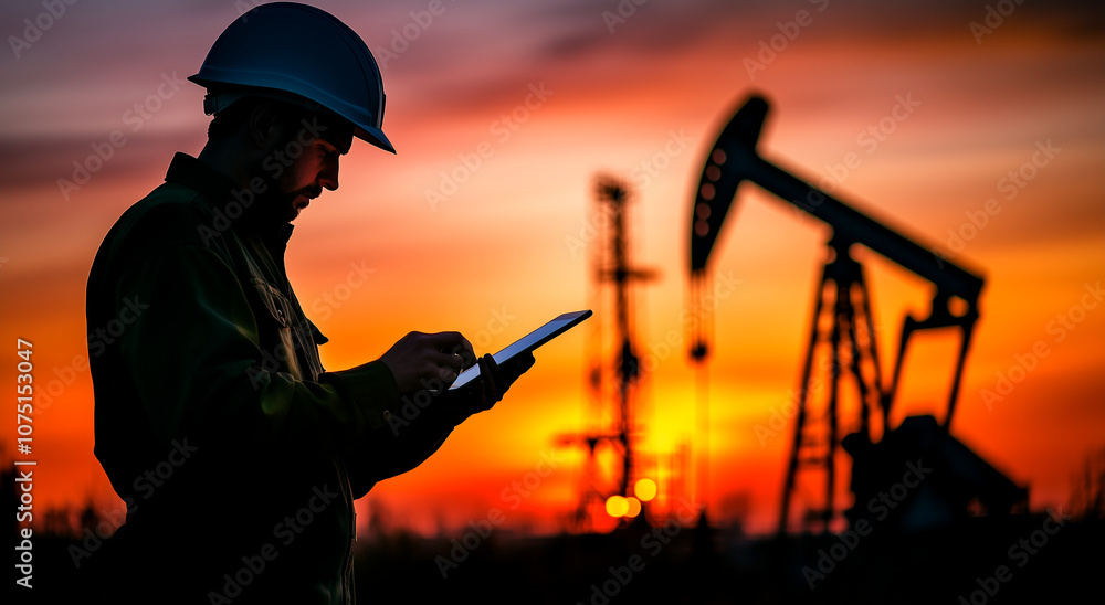Silhouette of an oil industry worker wearing a hard hat and using a tablet at an oil field during sunset. Silhouette of an oil industry worker wearing a hard hat and using a tablet at an oil field during sunset.