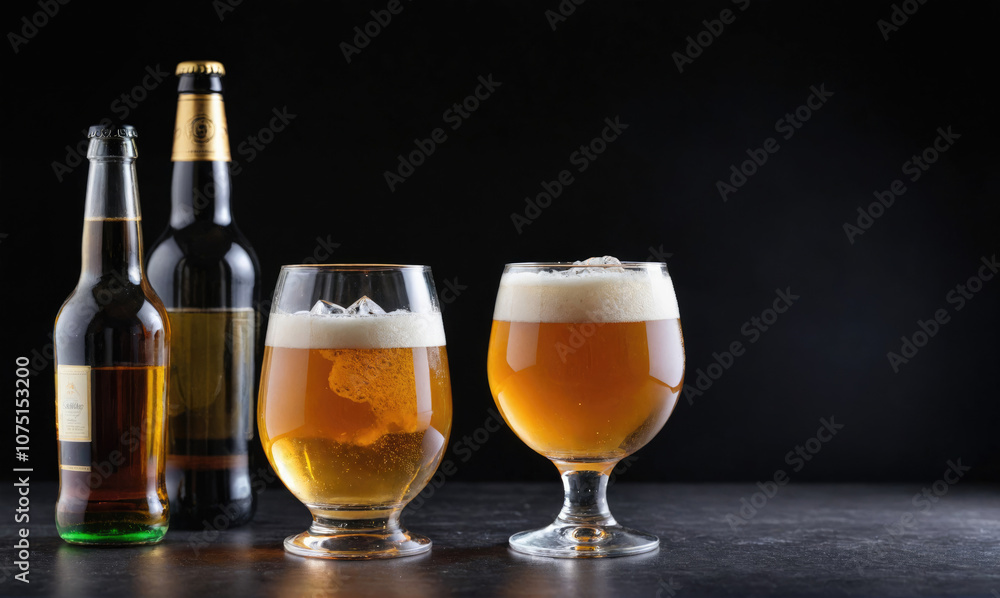 Two glasses of beer with a head of foam sit on a black table next to two bottles of beer Two glasses of beer with a head of foam sit on a black table next to two bottles of beer
