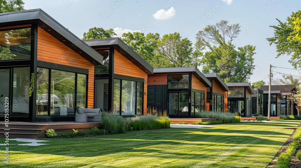 A row of single-story homes with minimalist architectural design, featuring large windows and clean lines. A row of single-story homes with minimalist architectural design, featuring large windows and clean lines.