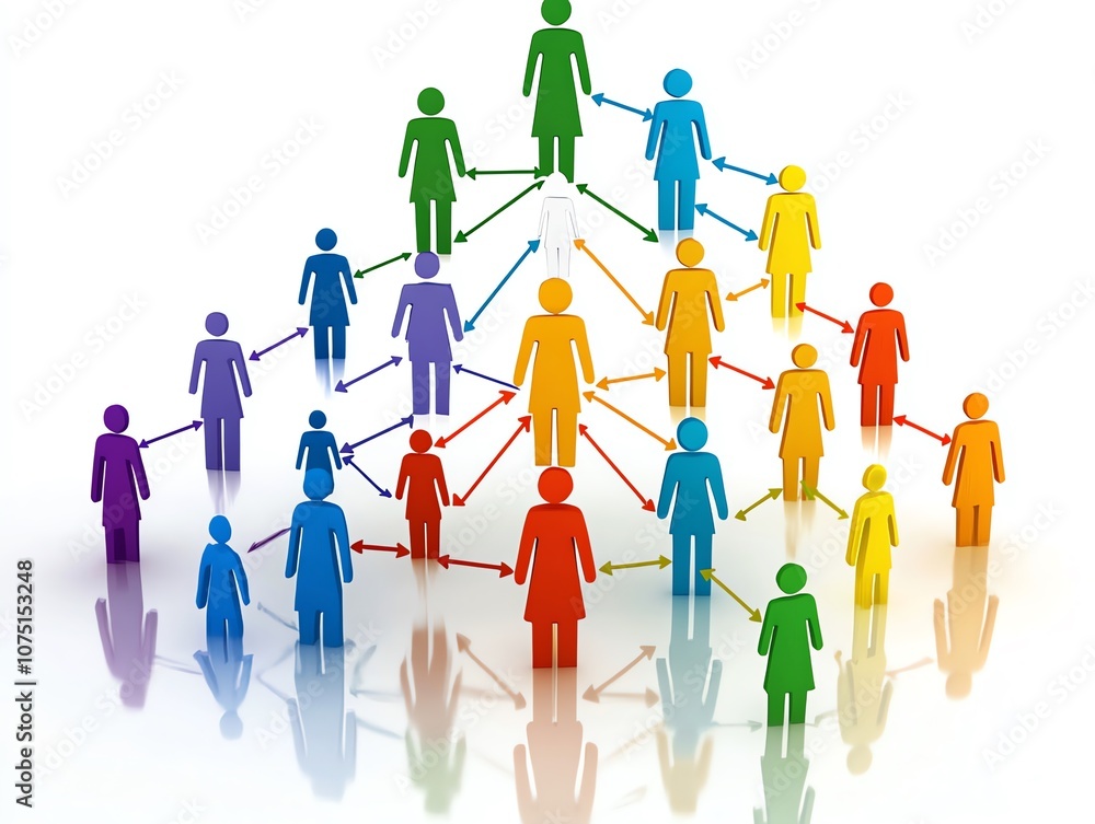 A pyramid of colorful people figures with arrows connecting them, symbolizing hierarchy, leadership, team, network, and collaboration. A pyramid of colorful people figures with arrows connecting them, symbolizing hierarchy, leadership, team, network, and collaboration.