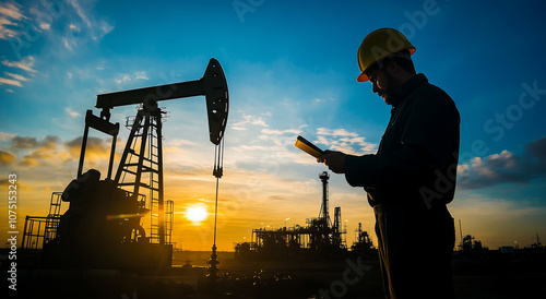 Silhouette of an oil industry worker wearing a hard hat and using a tablet at an oil field during sunset.