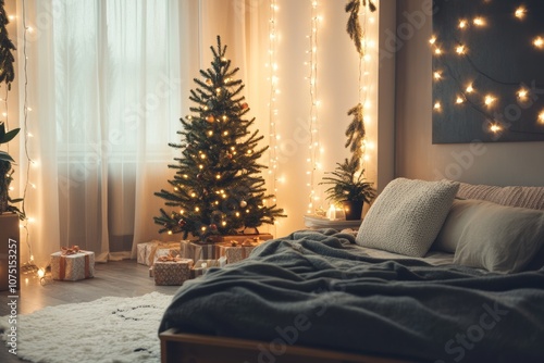 small studio apartment beautifully decorated for Christmas, with a small tree, string yellow glowing lights, and festive touches