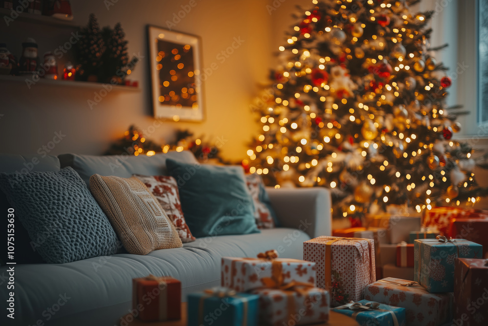Cozy living room adorned with festive decorations and presents for the holidays Cozy living room adorned with festive decorations and presents for the holidays