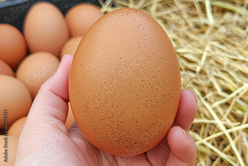 close up photograph of hand holding brown egg, surrounded by more eggs in straw filled setting. texture and color of egg are highlighted beautifully photo